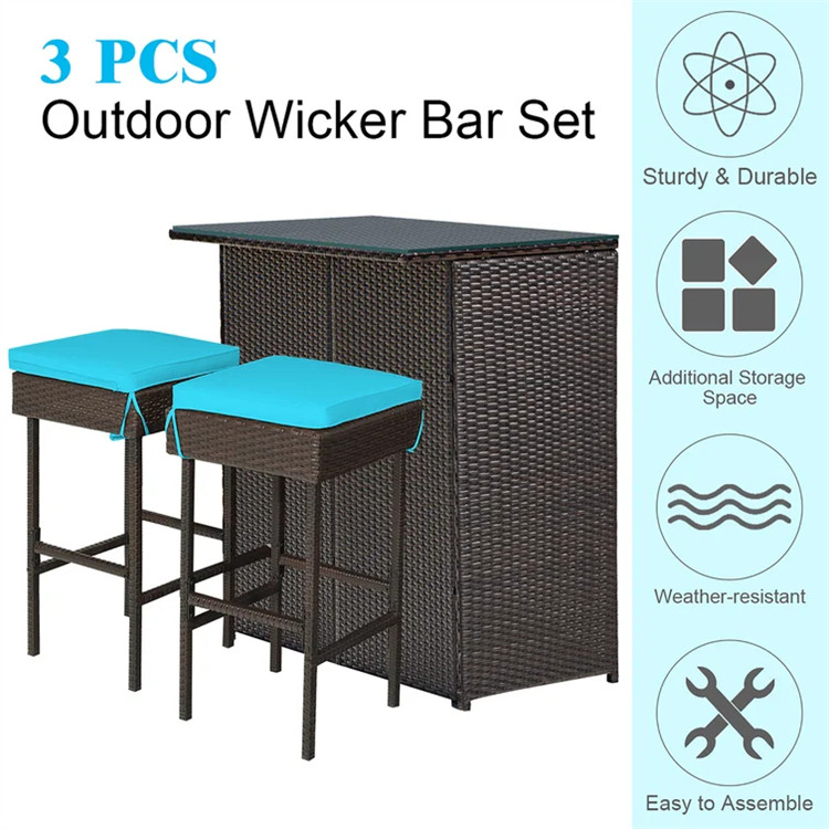 3 Pieces Patio Rattan Wicker Bar Set